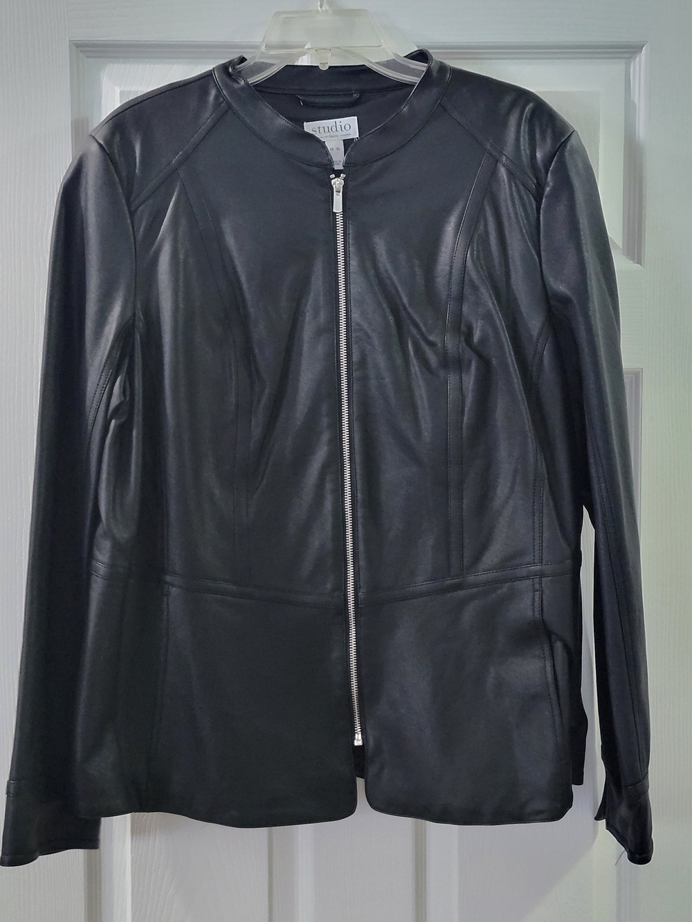 Studio Black Faux Leather Zip-Front Peplum Jacket with Minimal Seams- XL